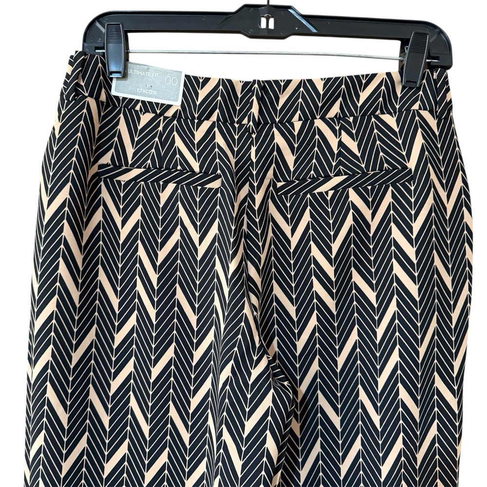 Chicos Wide Leg Pants Womens 00 XS Black Tan Miter Print Stretch Career New - Picture 2 of 10